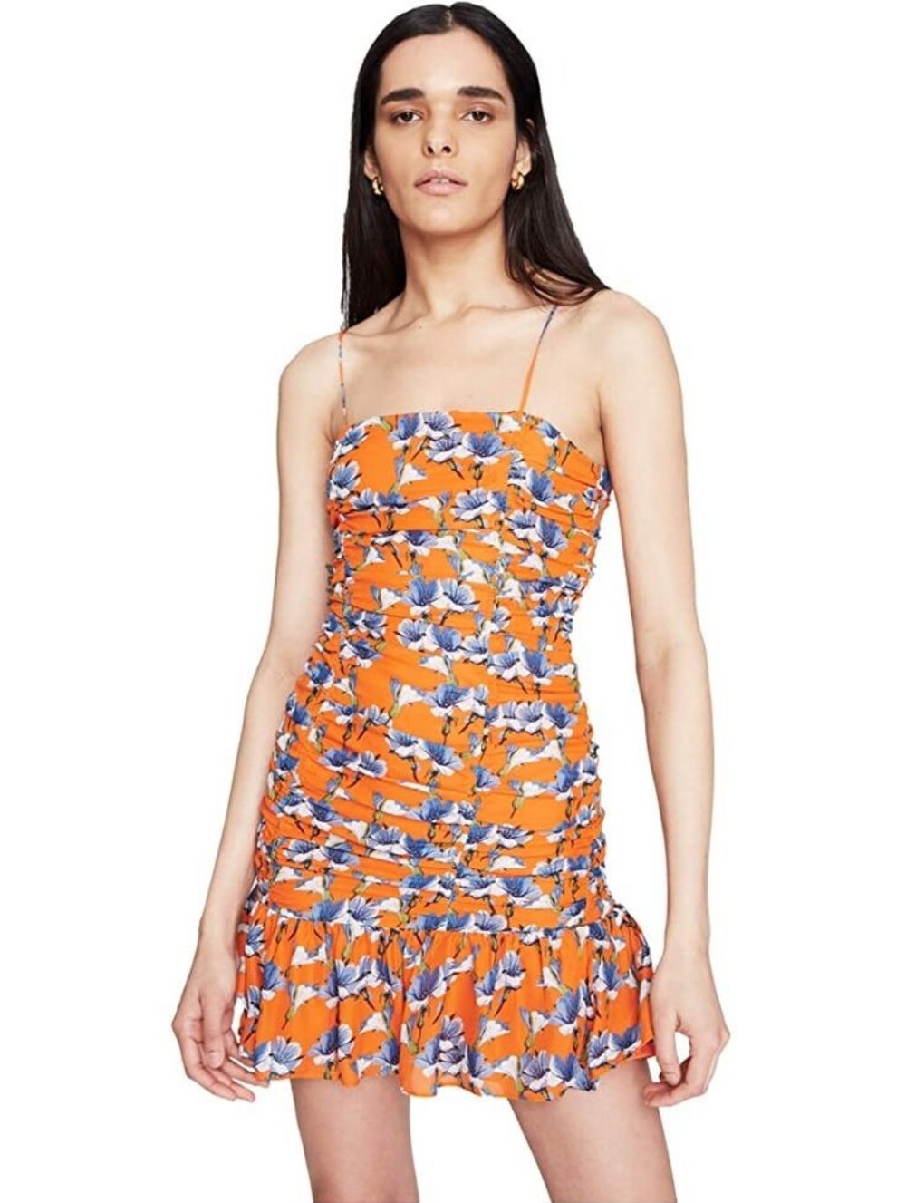 Parker Julie Floral Ruched Mini Dress Orange Silk Size 8 Cocktail Party Tropical